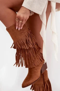 New Boto Ocieplane Kozaki Kowbojki Damskie Z Frędzlami Camel Brivina Brązowy