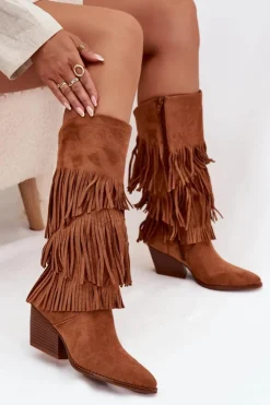 New Boto Ocieplane Kozaki Kowbojki Damskie Z Frędzlami Camel Brivina Brązowy