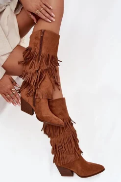 New Boto Ocieplane Kozaki Kowbojki Damskie Z Frędzlami Camel Brivina Brązowy