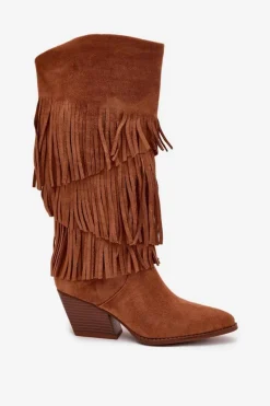 New Boto Ocieplane Kozaki Kowbojki Damskie Z Frędzlami Camel Brivina Brązowy