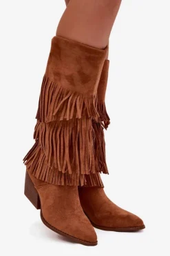 New Boto Ocieplane Kozaki Kowbojki Damskie Z Frędzlami Camel Brivina Brązowy