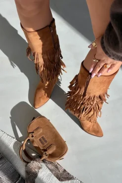 New Boto Ocieplane Kozaki Kowbojki Damskie Z Frędzlami Camel Brivina Brązowy