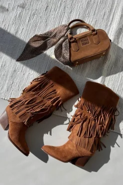 New Boto Ocieplane Kozaki Kowbojki Damskie Z Frędzlami Camel Brivina Brązowy