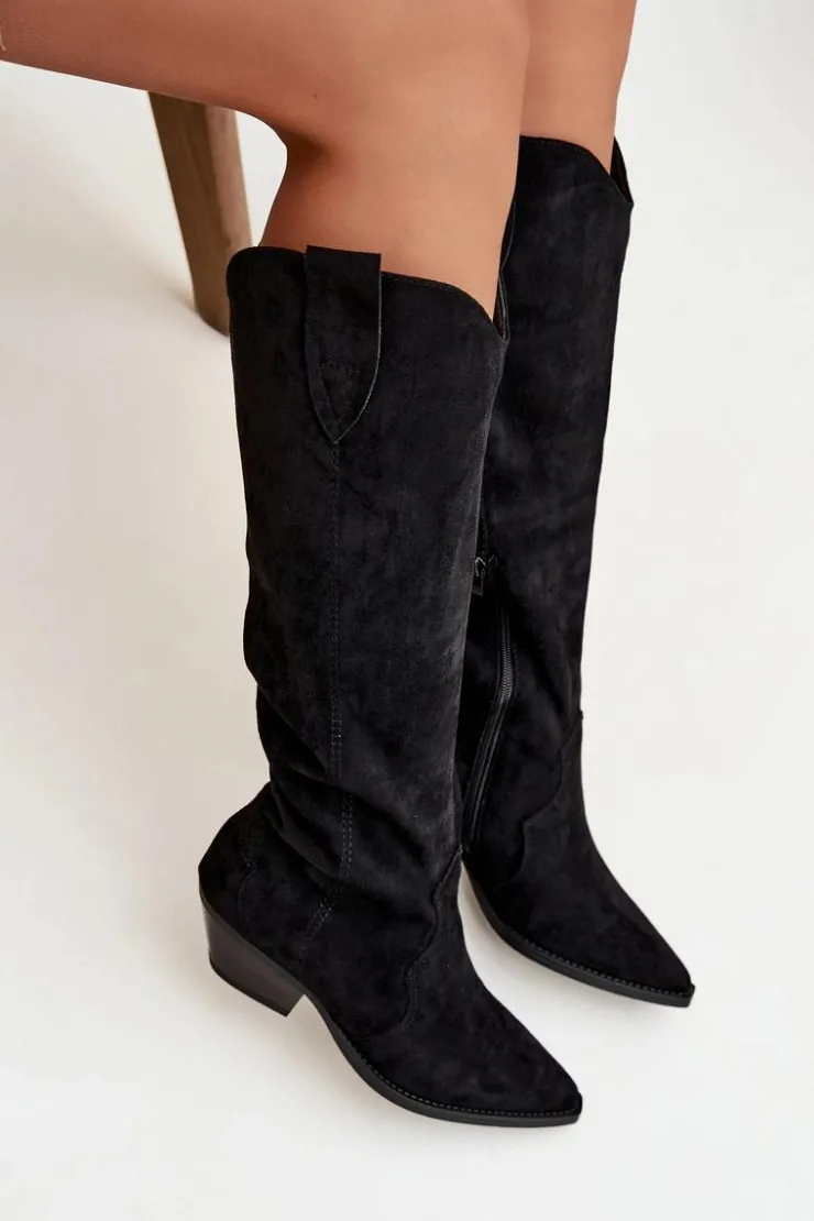 Boto Kozaki Ocieplane|Kozaki Na Słupku*Ocieplane Kozaki Kowbojki Na Obcasie Z Eko Zamszu Czarne Jovianne