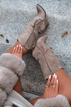 Boto Kozaki Ocieplane|Kozaki Na Słupku*Ocieplane Kozaki Kowbojki Na Słupku Z Eko Zamszu Beżowe Mavine Beżowy