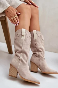 Sale Boto Ocieplane Kozaki Kowbojki Na Słupku Eko Zamszowe Beżowe Hanivin