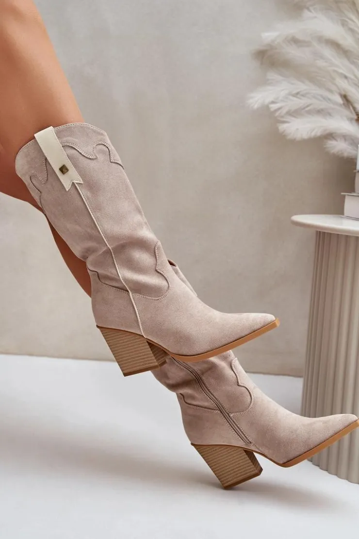 Sale Boto Ocieplane Kozaki Kowbojki Na Słupku Eko Zamszowe Beżowe Hanivin