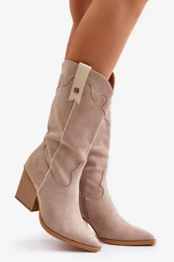 Sale Boto Ocieplane Kozaki Kowbojki Na Słupku Eko Zamszowe Beżowe Hanivin