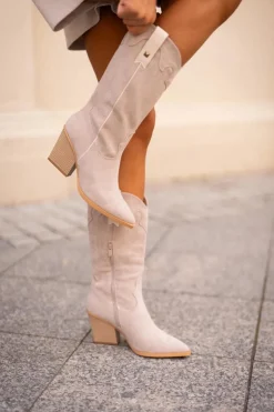 Sale Boto Ocieplane Kozaki Kowbojki Na Słupku Eko Zamszowe Beżowe Hanivin