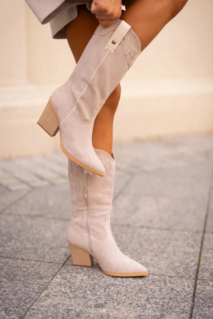 Sale Boto Ocieplane Kozaki Kowbojki Na Słupku Eko Zamszowe Beżowe Hanivin