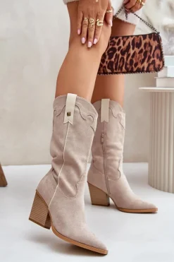 Sale Boto Ocieplane Kozaki Kowbojki Na Słupku Eko Zamszowe Beżowe Hanivin