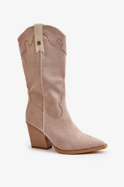 Sale Boto Ocieplane Kozaki Kowbojki Na Słupku Eko Zamszowe Beżowe Hanivin