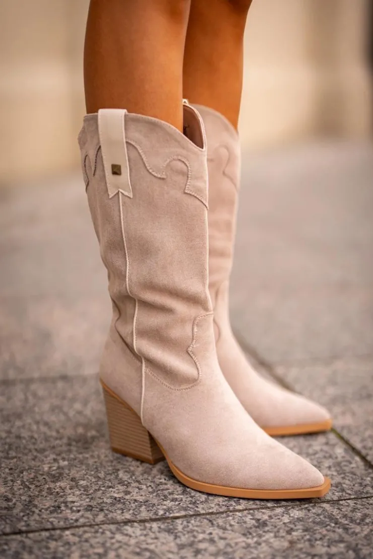 Sale Boto Ocieplane Kozaki Kowbojki Na Słupku Eko Zamszowe Beżowe Hanivin