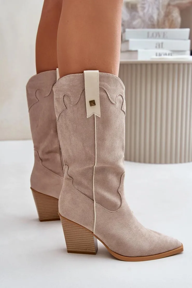 Sale Boto Ocieplane Kozaki Kowbojki Na Słupku Eko Zamszowe Beżowe Hanivin