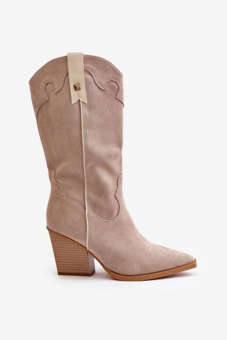 Sale Boto Ocieplane Kozaki Kowbojki Na Słupku Eko Zamszowe Beżowe Hanivin