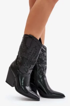 New Boto Ocieplane Kozaki Kowbojki Na Słupku Ze Zdobieniem Czarne Arlitta