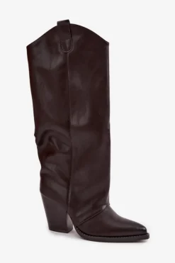 Damskie Boto Ocieplane Kozaki Kowbojki Na Słupku Z Eko Skóry Czekoladowe Mavine