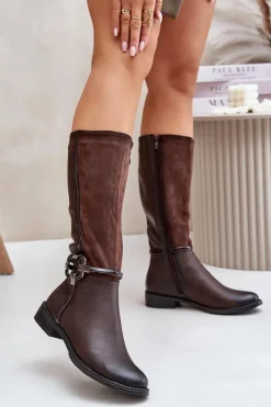 Sale Boto Ocieplane Kozaki Na Płaskim Obcasie Z Ozdobną Klamrą Brązowe Leatharia Brązowy