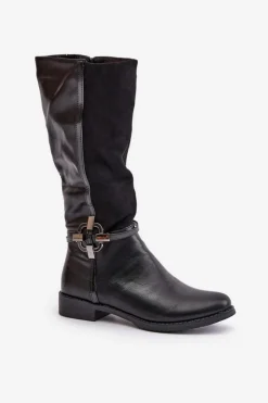 Damskie Boto Ocieplane Kozaki Na Płaskim Obcasie Z Ozdobną Klamrą Czarne Leatharia