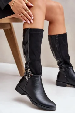 Damskie Boto Ocieplane Kozaki Na Płaskim Obcasie Z Ozdobną Klamrą Czarne Leatharia