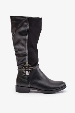 Damskie Boto Ocieplane Kozaki Na Płaskim Obcasie Z Ozdobną Klamrą Czarne Leatharia