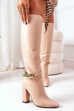 New Boto Ocieplane Kozaki Na Słupku Z Łańcuchem Nude Franti