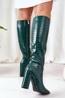 Damskie Boto Ocieplane Kozaki Na Słupku Zielone Larissa