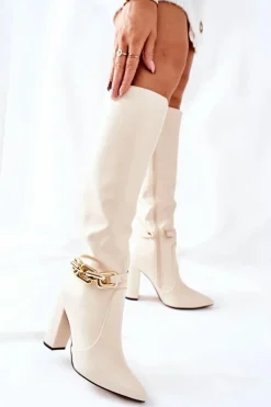 Damskie Boto Ocieplane Kozaki Na Słupku Z Łańcuchem Beżowe Franti