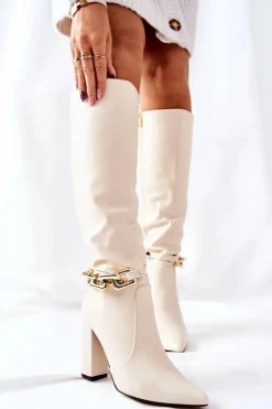 Damskie Boto Ocieplane Kozaki Na Słupku Z Łańcuchem Beżowe Franti