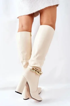 Damskie Boto Ocieplane Kozaki Na Słupku Z Łańcuchem Beżowe Franti