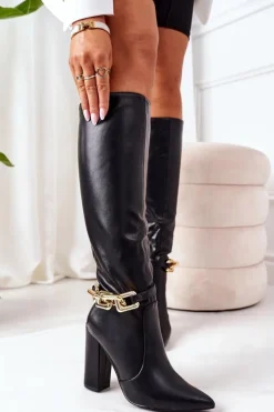 Damskie Boto Ocieplane Kozaki Na Słupku Z Łańcuchem Czarne Franti