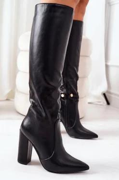 Damskie Boto Ocieplane Kozaki Na Słupku Z Łańcuchem Czarne Franti