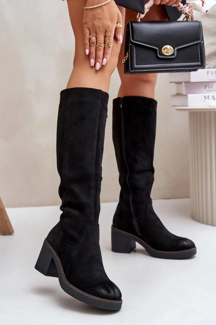 Boto Kozaki Ocieplane|Kozaki Na Słupku*Ocieplane Kozaki Na Słupku Eko Zamszowe Przed Kolano Czarne Leamirael Czarny