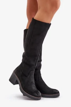 Boto Kozaki Ocieplane|Kozaki Na Słupku*Ocieplane Kozaki Na Słupku Eko Zamszowe Przed Kolano Czarne Leamirael Czarny