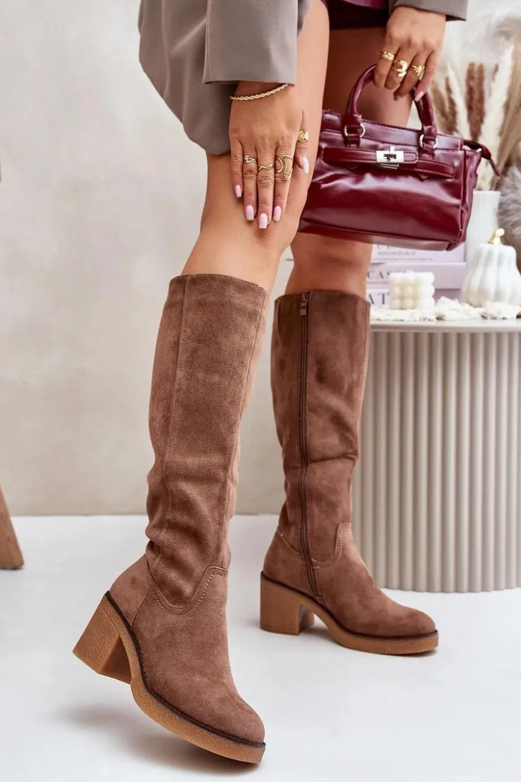 Damskie Boto Ocieplane Kozaki Na Słupku Eko Zamszowe Przed Kolano Brązowe Leamirael