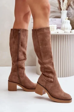 Damskie Boto Ocieplane Kozaki Na Słupku Eko Zamszowe Przed Kolano Brązowe Leamirael
