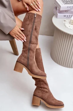 Damskie Boto Ocieplane Kozaki Na Słupku Eko Zamszowe Przed Kolano Brązowe Leamirael