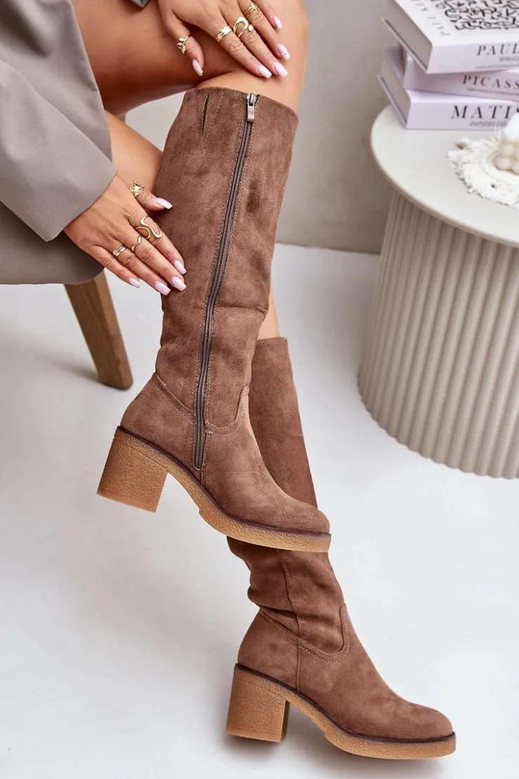 Damskie Boto Ocieplane Kozaki Na Słupku Eko Zamszowe Przed Kolano Brązowe Leamirael