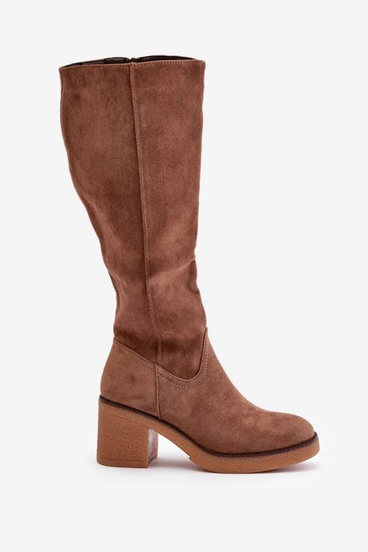 Damskie Boto Ocieplane Kozaki Na Słupku Eko Zamszowe Przed Kolano Brązowe Leamirael