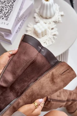 Damskie Boto Ocieplane Kozaki Na Słupku Eko Zamszowe Przed Kolano Brązowe Leamirael