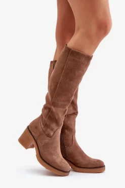 Damskie Boto Ocieplane Kozaki Na Słupku Eko Zamszowe Przed Kolano Brązowe Leamirael