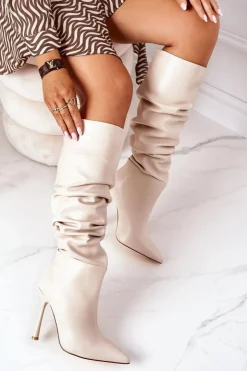 Damskie Boto Ocieplane Kozaki Na Szpilce Beżowe Dionne