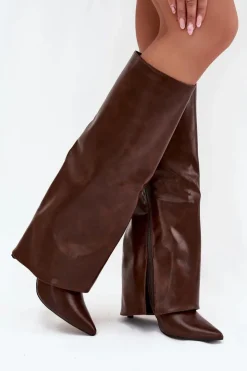 Boto Ocieplane Kozaki Na Szpilce Z Wywiniętą Cholewką Czekoladowe Tamonia Brązowy