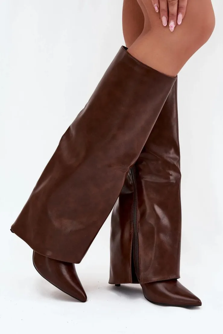 Boto Ocieplane Kozaki Na Szpilce Z Wywiniętą Cholewką Czekoladowe Tamonia Brązowy