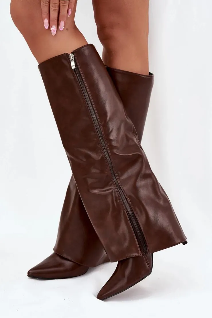 Boto Ocieplane Kozaki Na Szpilce Z Wywiniętą Cholewką Czekoladowe Tamonia Brązowy