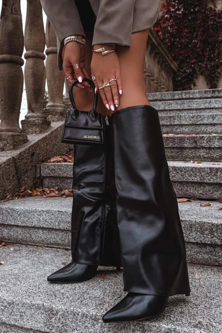 Damskie Boto Ocieplane Kozaki Na Szpilce Z Wywiniętą Cholewką Czarne Tamonia