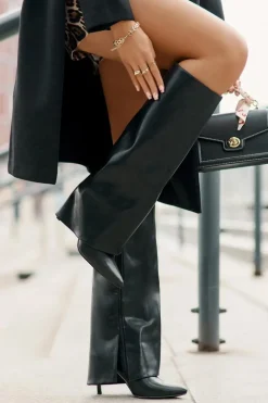 Damskie Boto Ocieplane Kozaki Na Szpilce Z Wywiniętą Cholewką Czarne Tamonia