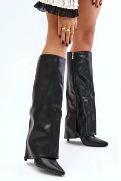 Damskie Boto Ocieplane Kozaki Na Szpilce Z Wywiniętą Cholewką Czarne Tamonia