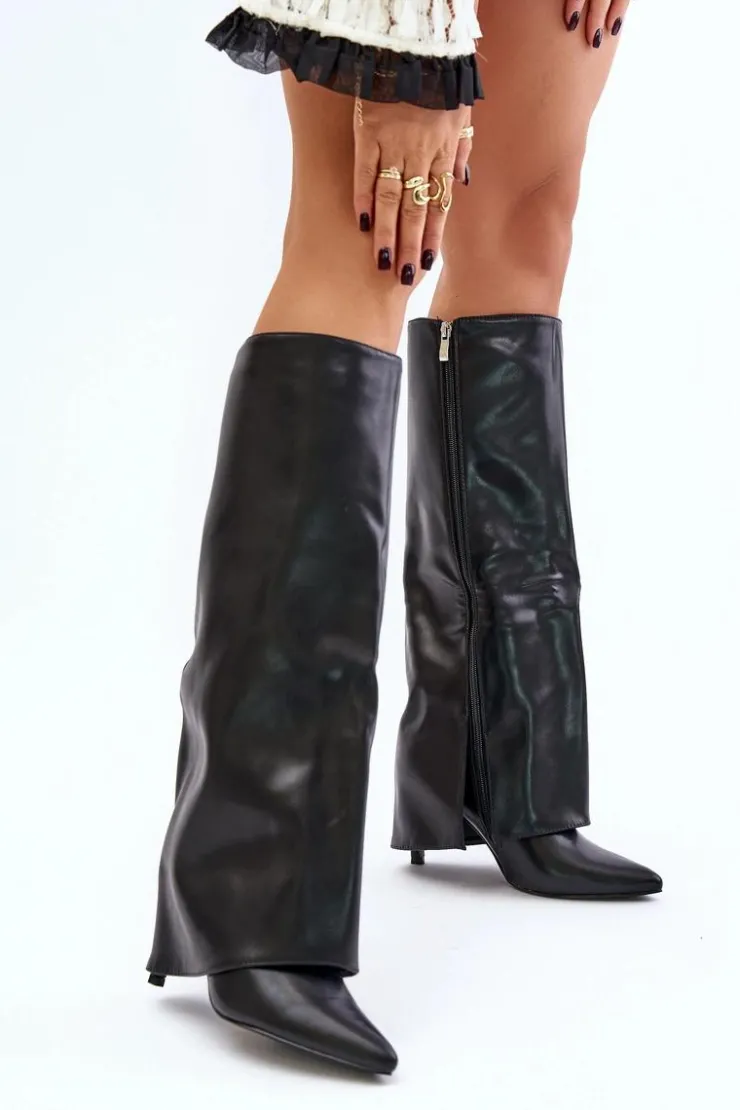 Damskie Boto Ocieplane Kozaki Na Szpilce Z Wywiniętą Cholewką Czarne Tamonia