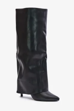 Damskie Boto Ocieplane Kozaki Na Szpilce Z Wywiniętą Cholewką Czarne Tamonia